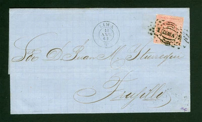 PERU 1860  Coat of Arms  1peseta  brick red  Scott # 10 used on COVER from Lima - Image 1 of 3