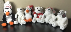 Vintage 1990er Coca Cola Sitzsack Plüsch 6 Stück Eisbär Pinguin - Bild 1 von 10