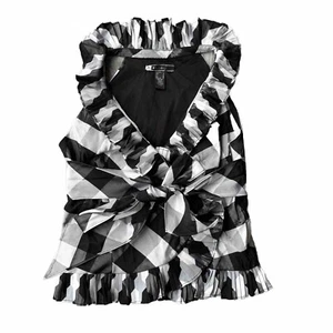 JS Boutique Blouse Sz 8 Black White Plaid Sleeveless Belt Wrap Frilly Womens - Picture 1 of 6
