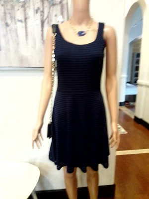 Vestido Vintage Anos 90 Love..Ady Feminino Listrado Azul e Preto Fit & Flare Tamanho Grande - Imagem 1 de 4