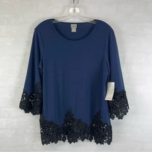 Chico's Blue Lace Hem 3/4 Sleeve Top Women's Size Small Scallop Floral Trim NEW - Picture 1 of 12