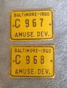 Vintage 2 1960 Baltimore Maryland Amusement DEV Device Annual License Plate Tag - Picture 1 of 2