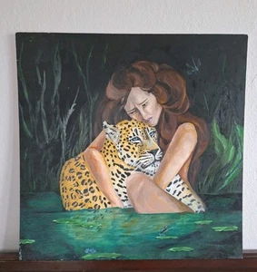Original Oil Painting On Wood Large Leopard And Girl - Picture 1 of 4