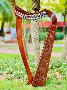 Handcrafted Brown 19 String Lever Harp with Floral Carving With Free Tuning Key - Picture 1 of 2