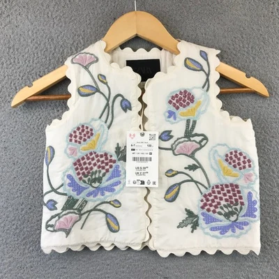 New Zara Kids Girls 6-7 Years White Floral Embroidered Scalloped Vest - Image 1 of 4