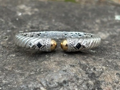 Designer ID 925 Sterling Silver 18K Gold Black Onyx Hinged Cable Bangle Bracelet - Image 1 of 4