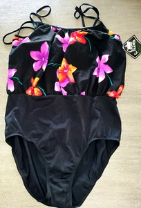 NEW NWT women PLUS size 22W 1 pc SWIM SWIMMING SUIT black purple flowers bra inc - Picture 1 of 2