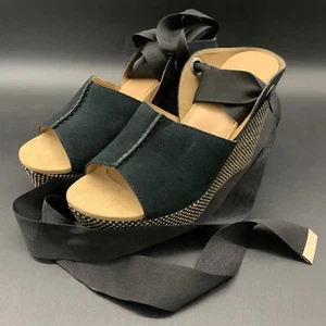 UGG WOMENS KAMPI PLATFORM WEDGE SANDAL BLACK SUEDE ANKLE WRAP UP RIBBON US 7 - Picture 1 of 15