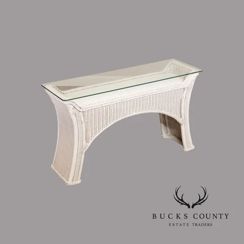 Henry Link Vintage White Wicker and Glass Top Console Table Cover