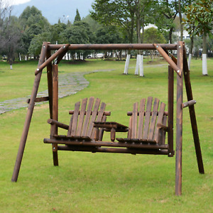 Rustic Adirondack Swing Chair Wooden Outdoor Garden Hanging Bench Patio Loveseat