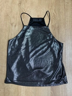 Topshop Petite Black Sparkle Silver Crop Spaghetti Strap Vest Top Size 10 - Image 1 of 4