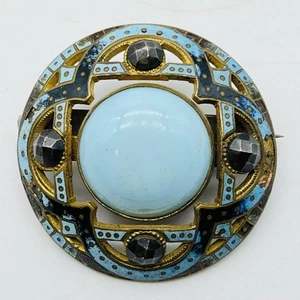Vintage Faux Turquoise and Enamel Brooch Circle 1.5" - Picture 1 of 4