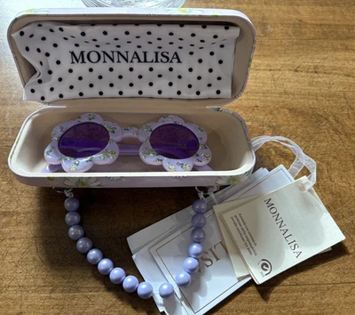 Nuevo con etiquetas Gafas de sol Monnalisa púrpura con forma de flor para niñas con estuche y paño de limpieza Foto 1 de 4