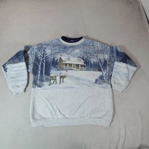 Vintage Nature Sweater Mens Large White Nordic Winter Cabin Scene Sweatshirt - Picture 1 of 8