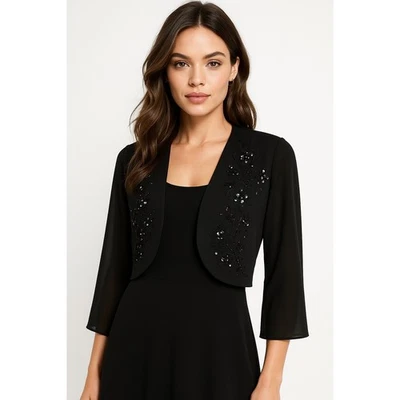 RM Richards Bolero Jacket Womens 14W Black Sequin Beaded Flower Shrug Evening - Image 1 of 4