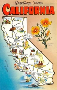 Greetings from CALIFORNIA Map Poppies Tahoe Santa Cruz c1960s Vintage Postcard - Picture 1 of 2