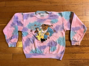 VINTAGE Disney Beauty And The Beast Sweatshirt 10/12 Purple Pink Tie Dye 90s - Picture 1 of 11