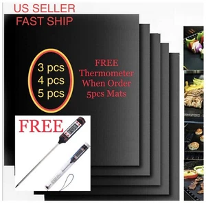 FREE Thermometer with 5pcs Mats Easy BBQ Grill Mat Bake NonStick Grilling Mats - Picture 1 of 12