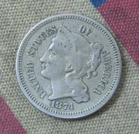 1874 Philadelphia Mint Nickel Three Cent Coin Very Fine - BINo Cover
