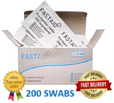 200 FAST AID PRE-INJECTION SWABS 70% IPA ALCOHOL WIPES PIERCINGS TATTOO MEDICAL - Image 1 of 4
