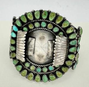 Bracciale orologio a grappolo turchese Larry Gishie Navajo argento sterling 1978 - Foto 1 di 15