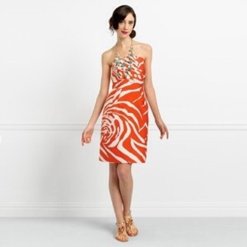 Abito Kate Spade taglia 0 arancione panna senza spalline JUNGLE JACQUARD misto cotone seta