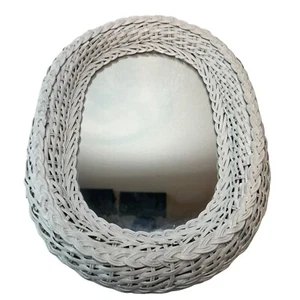 Vintage Oval Wicker Wall Mirror White Vanity Accent Rattan Boho Cottage 16"x12" - Picture 1 of 4