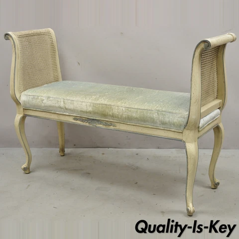 Vtg French Provincial Style Cream Painted Cane Cabriole Leg Window Bench w/ Arms Cover