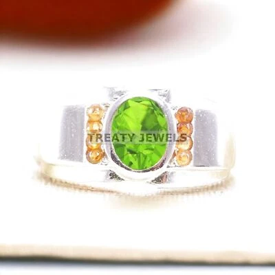 Piedras preciosas de corte ovalado de peridoto con anillo de plata de ley 925 para hombre #A459 * Foto 1 de 4
