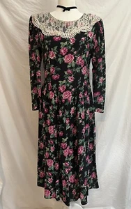 Vtg Rose Dark Floral 80s Dress Lace Gothic Princess Romantic Fairy Whimsigoth - Picture 1 of 21