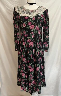 Vtg Rose Dark Floral 80s Dress Lace Gothic Princess Romantic Fairy Whimsigoth - Image 1 of 4