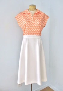 Vtg 70s Peach Floral Polyester Knit Fit Flare Secretary Dress Dagger Collar 16 - Picture 1 of 7