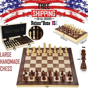 LARGE Vintage Wooden Chess Set Wood Board Hand Carved Crafted Folding Game - Picture 1 of 12