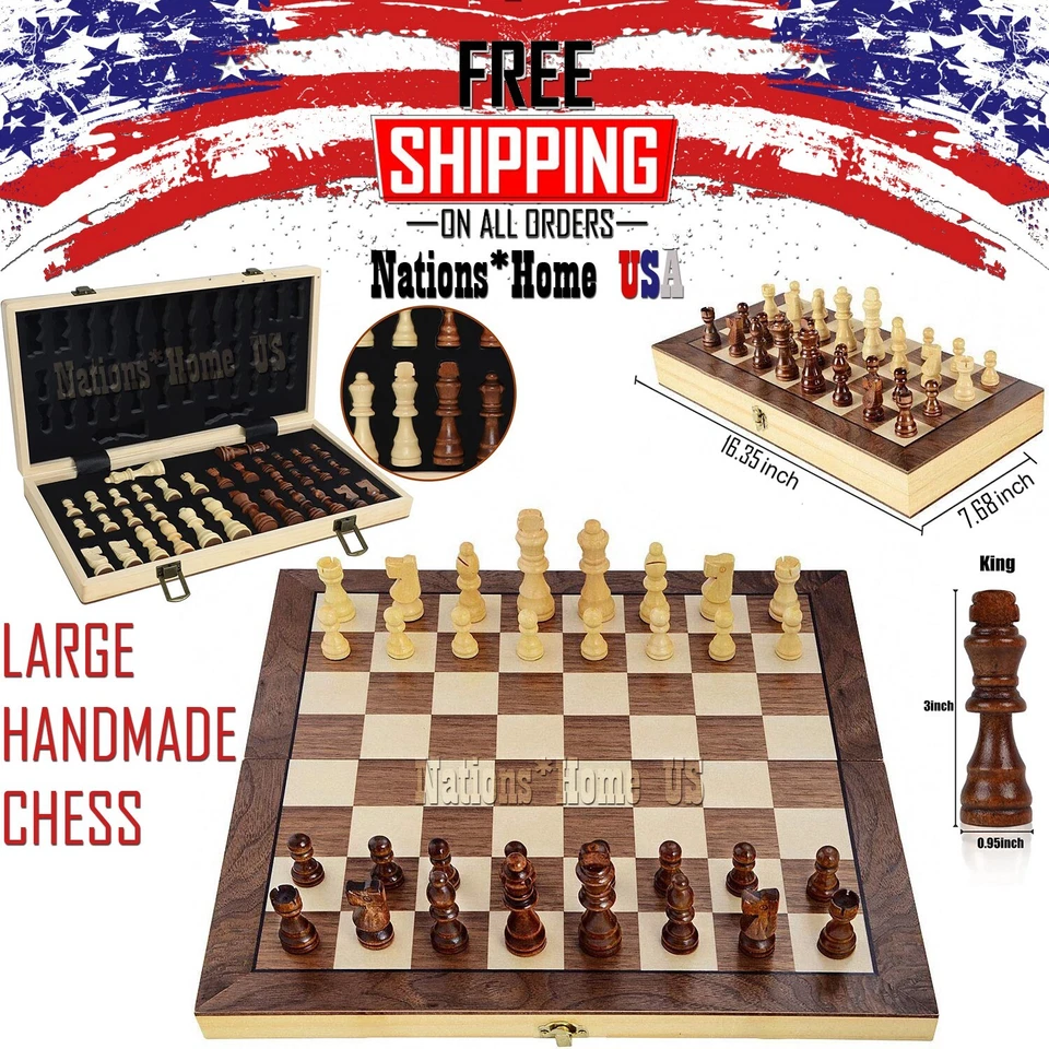 LARGE Vintage Wooden Chess Set Wood Board Hand Carved Crafted Folding Game - Image 1 of 4