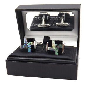 Abalone Pearl Shell & Black Onyx Cross Mens Cufflinks in Personalised Gift Box