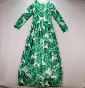 Cheng Xiu Womens Dress Size XS Green Floral Leaf Boat Neck Pleated Flowy Maxi - Picture 1 of 12