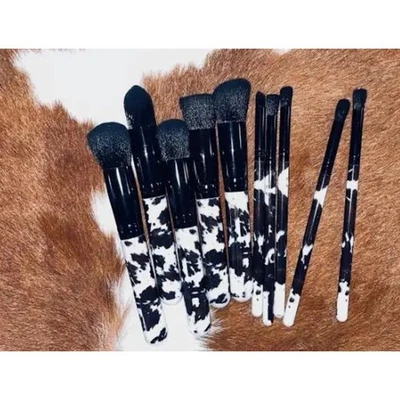 Western Makeup Brush Set - 10 Piece Cosmetic Brushes - Cow Print Design New NIP - Image 1 of 4