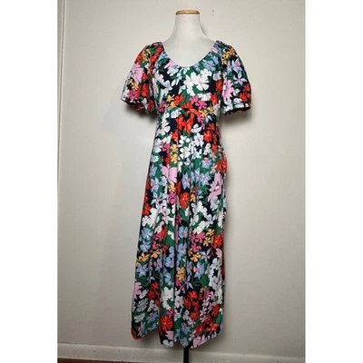 Old Navy Puff Sleeve Midi Dress M Smocked Milkmaid Bright Cottage Floral Cotton - Image 1 of 4