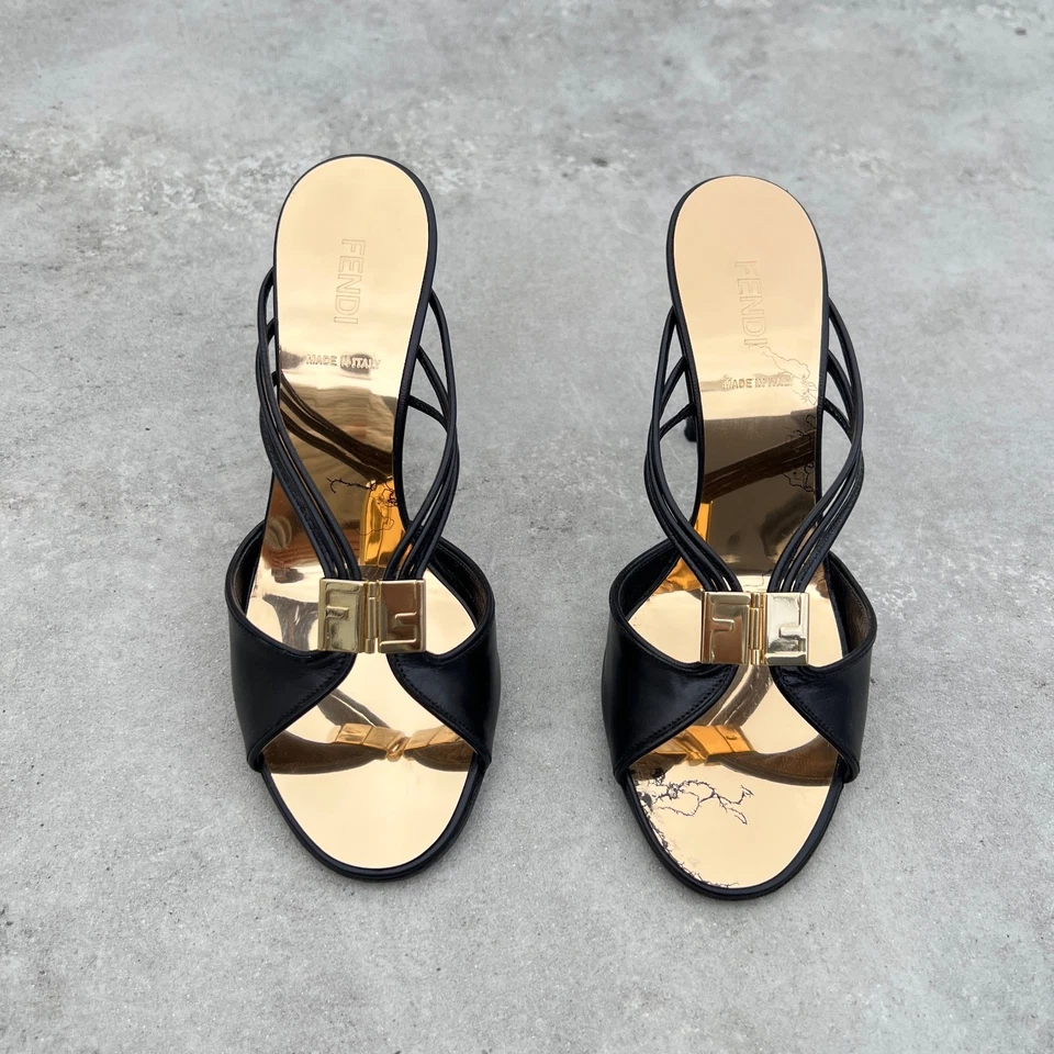 Fendi | Authentic Vintage Black Leather Gold Monogram Hardware Strappy Mules(35) - Image 1 of 4
