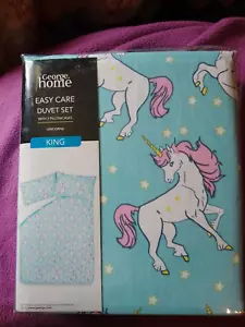 George Asda Unicorn Duvet Set KING white and pink unicorn blue background - Picture 1 of 3