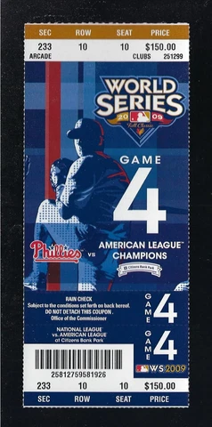 2009 MLB WORLD SERIES FULL UNUSED BASEBALL TICKET YANKEES @ PHILLIES GAME #4 Cover