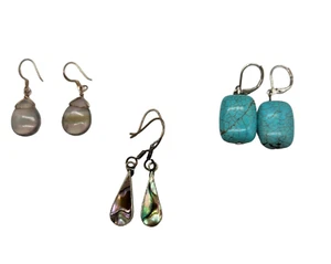 Lot of 3 Pairs Earrings Dangle Drop Hook & Clasp Silver Tone Blue White Abalone - Picture 1 of 4