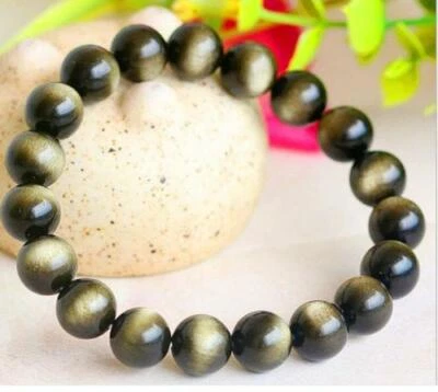 Brazalete de cuentas de piedras preciosas redondas de obsidiana ojos dorados naturales de 10 mm 7,5"" AAA++ Foto 1 de 3