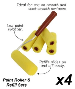 4 x 5 Piece Mini Paint Roller & Refill Sets - 10cm Wide Sponge Rollers - Picture 1 of 2