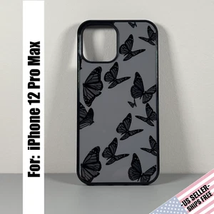 Case designed for iPhone 12 PRO MAX: Gray w/ Black Shadow Butterflies | Slim Fit - Picture 1 of 11