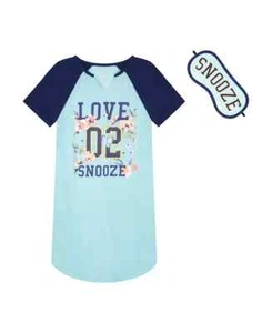 Big Girls Sleep Shirt and Eye Mask Pajama Set 2 Piece Turquoise PICK SIZE - Picture 1 of 2
