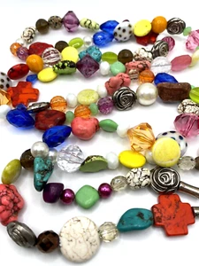 Long Multicolored Stone Glass & Ceramic Bead Silver Tone Statement Necklace - Picture 1 of 8