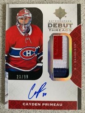 Cayden Primeau 2019-20 UD Ultimate RPA Player-Worn PATCH AUTO Autograph RC 23/99