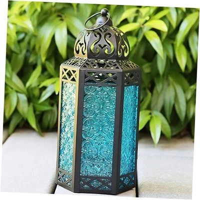 Lámpara portavelas linterna marroquí decorativa de metal negro de 2" - grande 1 azul Foto 1 de 4