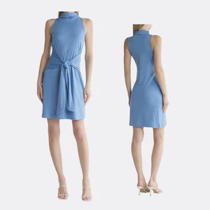 VINCE Sleeveless Mock Neck Waist Tie Dress Blue Size M NWT 100% Pima Cotton - Picture 1 of 7